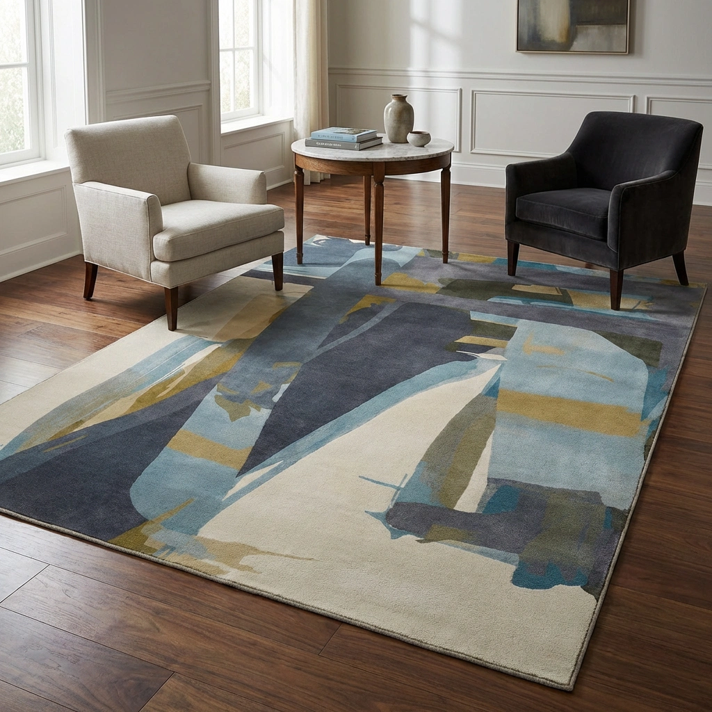 Abstract Blue-Grey Hand-Tufted Wool Rug - Image 5