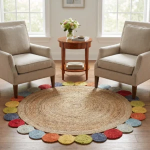 Natural Round Pom-Pom Border Jute Rug