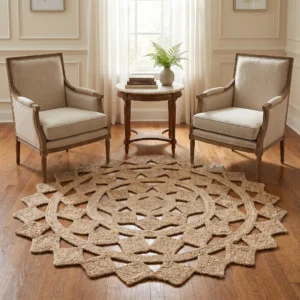 Natural Round Geometric Applique Jute Rug