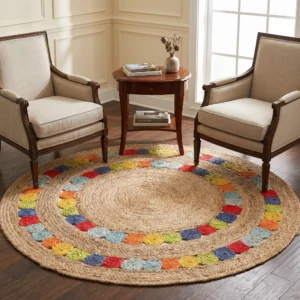 Natural Round Multi-Pom-Pom Jute Rug